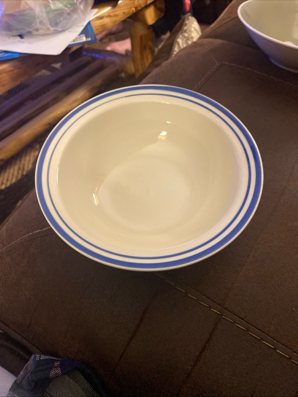Mount Clemens Pottery Soup Cereal Bowl White Blue Stripes Bands Made in China
